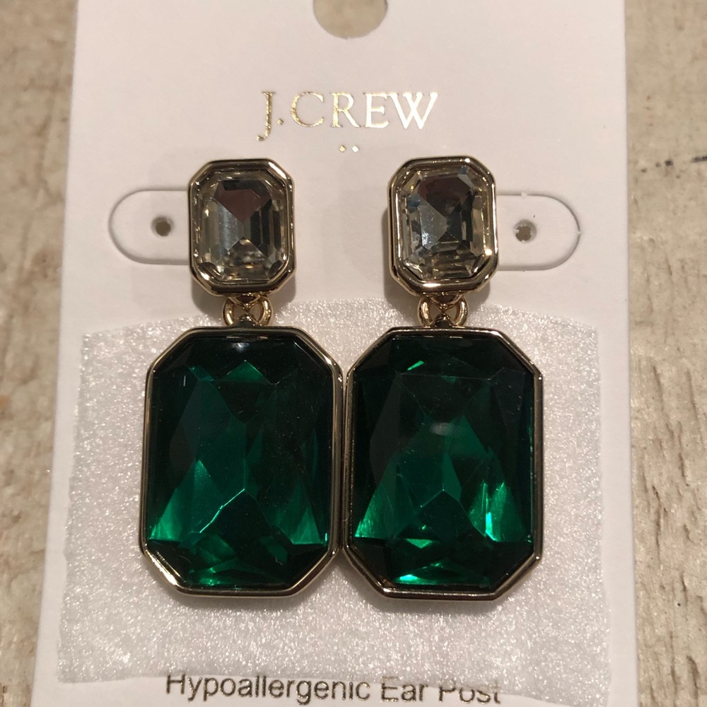 J Crew Crystal Earrings - Green Onyx - Emerald Green - Picture 3 of 5
